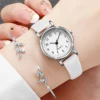 2PCS/Set Women's Watches Fashion Small Arabic Dial Quartz Watch Casual Leather Band Wristwatches Bracelet Set（Without Box） 3