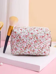 Floral Quilted Makeup Organizer - Large Travel Cosmetic Pouch (Pink)