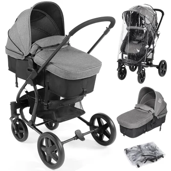 Pram 2-in-1 Travel System, Foldable Baby Pushchair with Rain Cover, Reclinable Reversible Pushchair Seat and Carrycot from Birth
