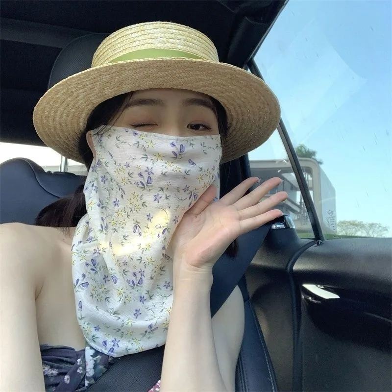 Women's Floral UV Protection Face and Neck Cover with Integrated Sunscreen, Ice Silk Fabric