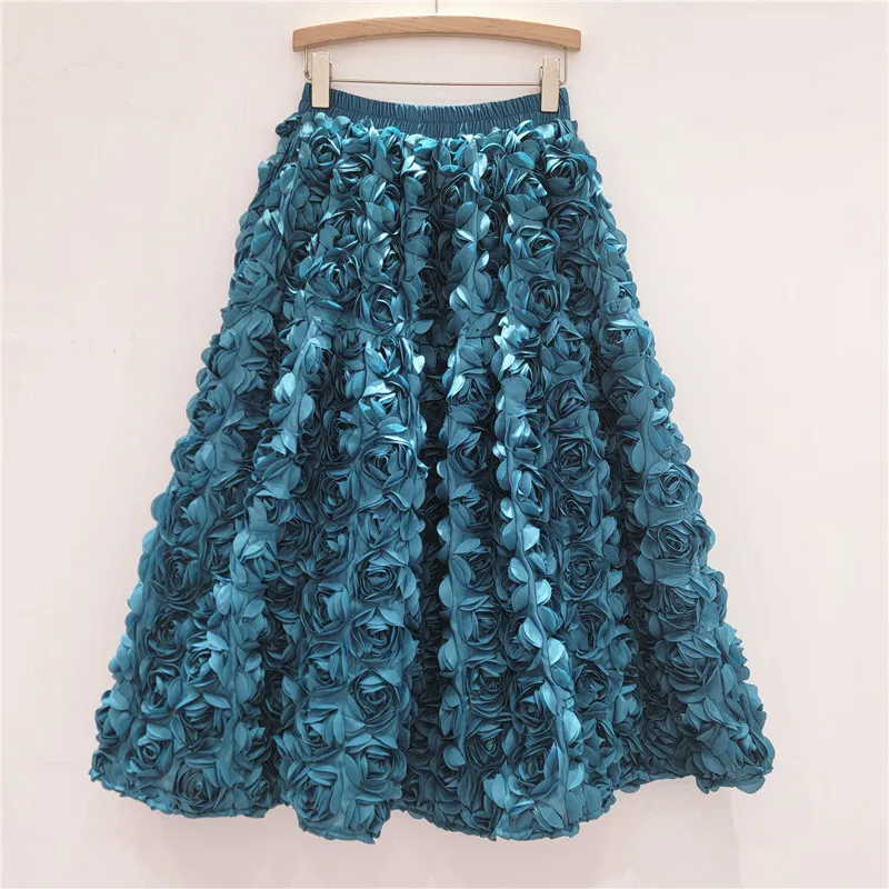 DEAT 2024 Autumn New Versatile Three Dimensional Flower Mid-calf Skirt High Waist Big Swing Fashion A-line Skirts Female 33A2033