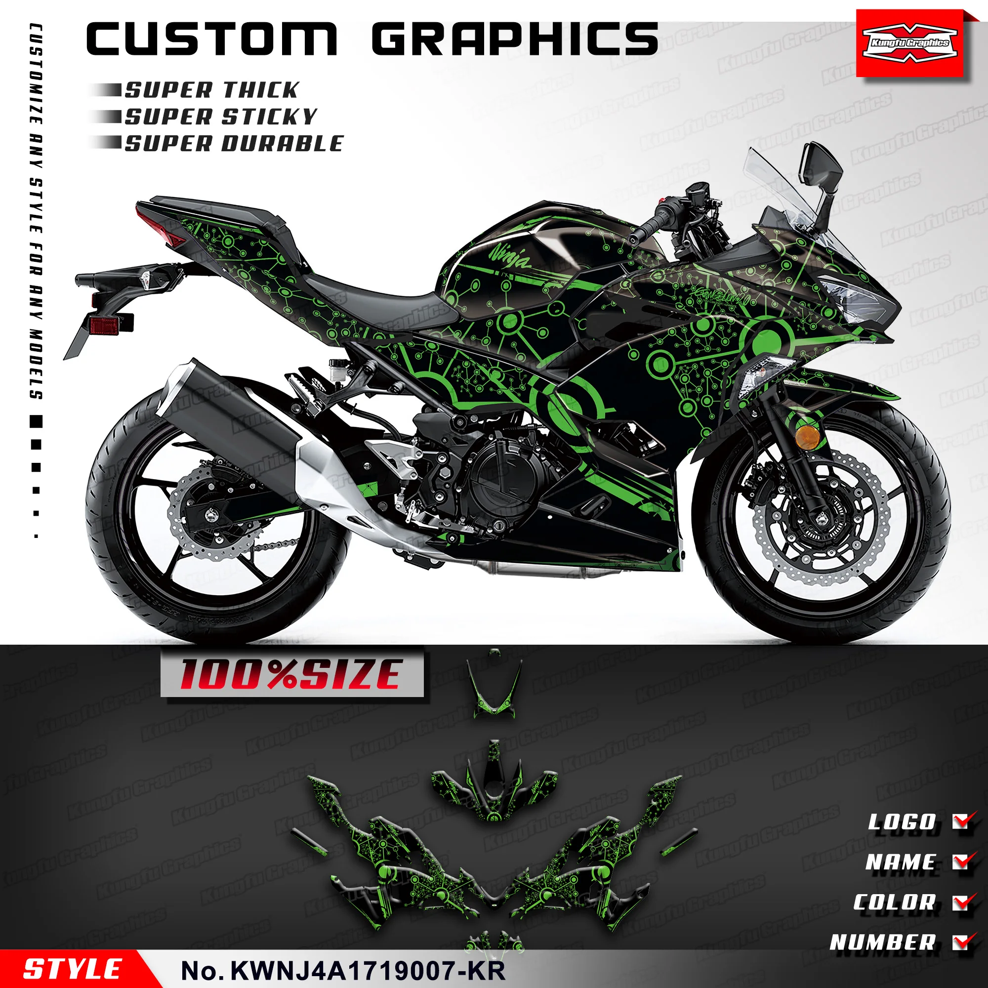 

KUNGFU, графическая клейкая наклейка, прочный винил для Kawasaki Ninja 250 400 ABS KRT 2017 2018-2019, KWNJ4A1719007-KR