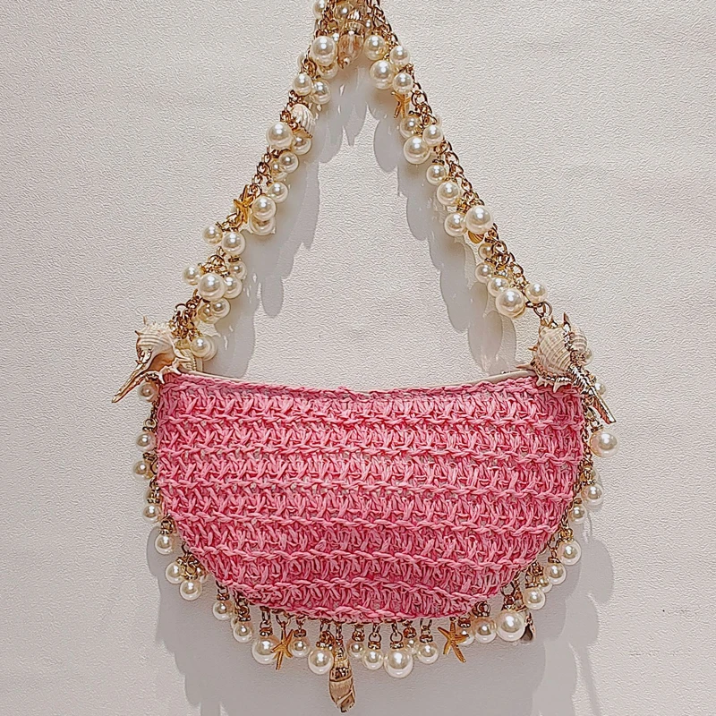 thumbnail image 1 of Bolsos de noche para mujer, bolsos de diseñador de lujo, monedero, novedad 2024, en papiro, tejido con cuentas, cadena, adorno, caracola, para debajo del brazo, 1 of 5