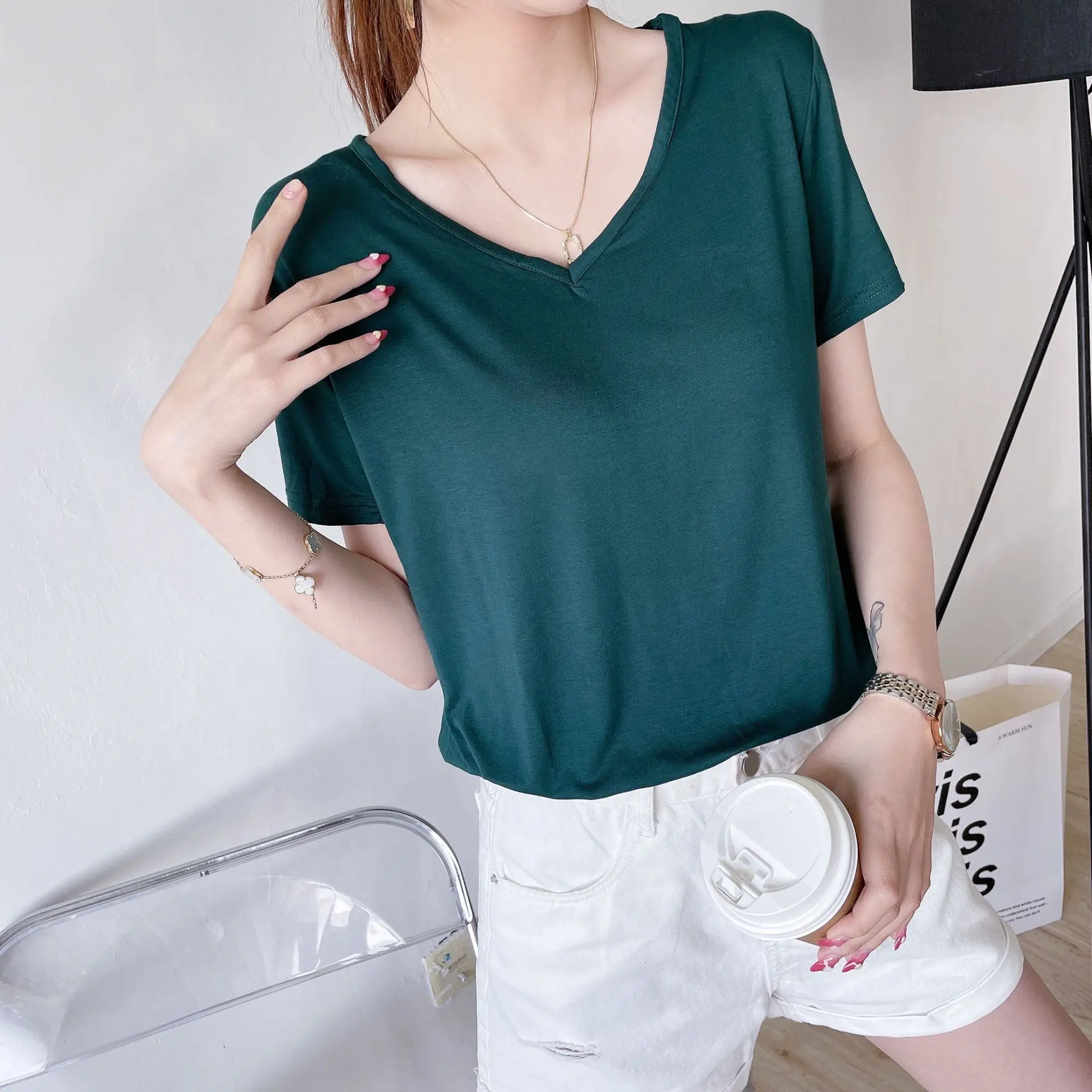 Summer V-neck Tshirt Elegant Tee tops Casual loose Bottoming T-shirts Solid color Fashion Top All match 5