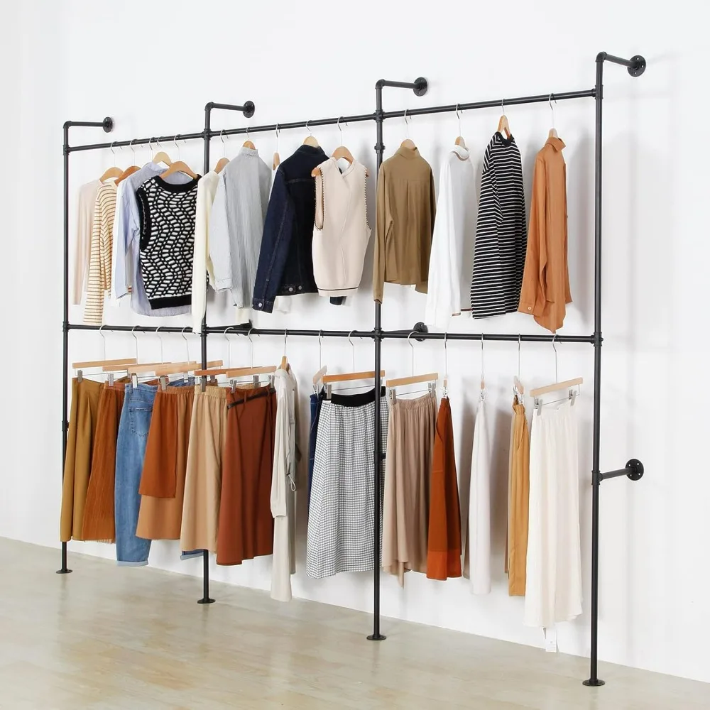 Sturdy Industrial-Style Wall-Mounted Clothing Rack with Heavy-Duty Hanging Rod for Garments and Display