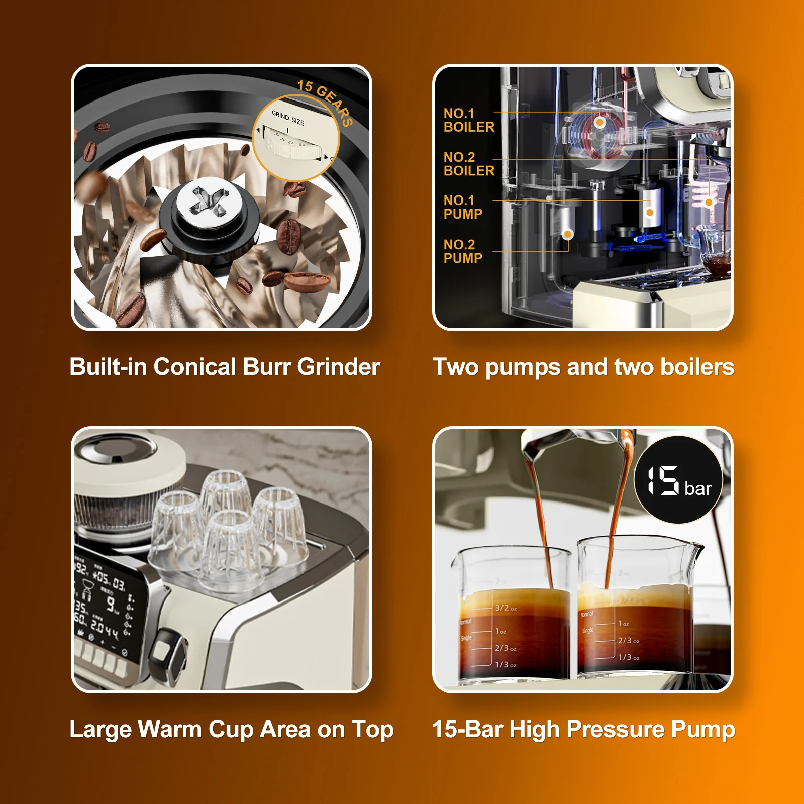 Semi-Automatic Coffee Machine with Grinder & Steam...