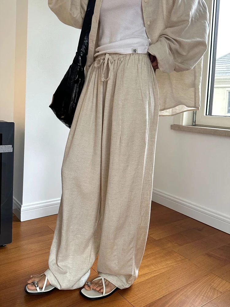 [LANMREM] Drawstring Design Linen Sunscreen Women's Pants High Wait Wide Leg Trousers Korean Clothing 2024 Summer New 26D9200