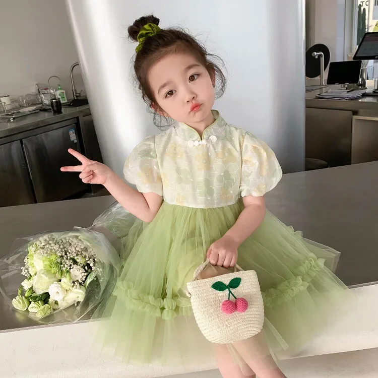 

Chinese Style Kids Traditional Costume Dress Girls Embroidery Floral Qipao Tops China Princess Cheongsam Dress 2 4 5 6 7 8 9Yrs