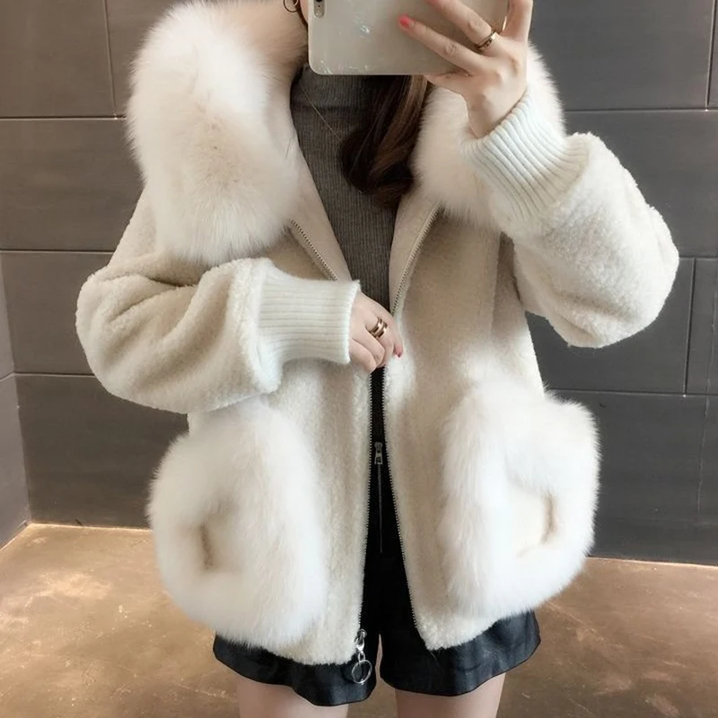 Faux Fur Collar Hooded Winter Jacket Women Casual  Sheep Shearing Korean Coat Snow Wear Warm Cropped Outwear Granular Velvet