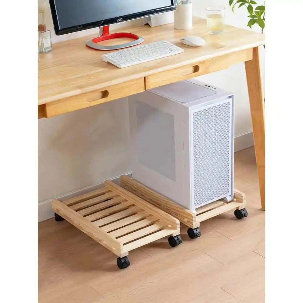 단단한 나무로 만든 데스크탑 컴퓨터 본체 스탠드 브레이크가 있는 간단한 스토리지 랙 모바일 냉각 베이스 플랫폼 홈 오거나이저