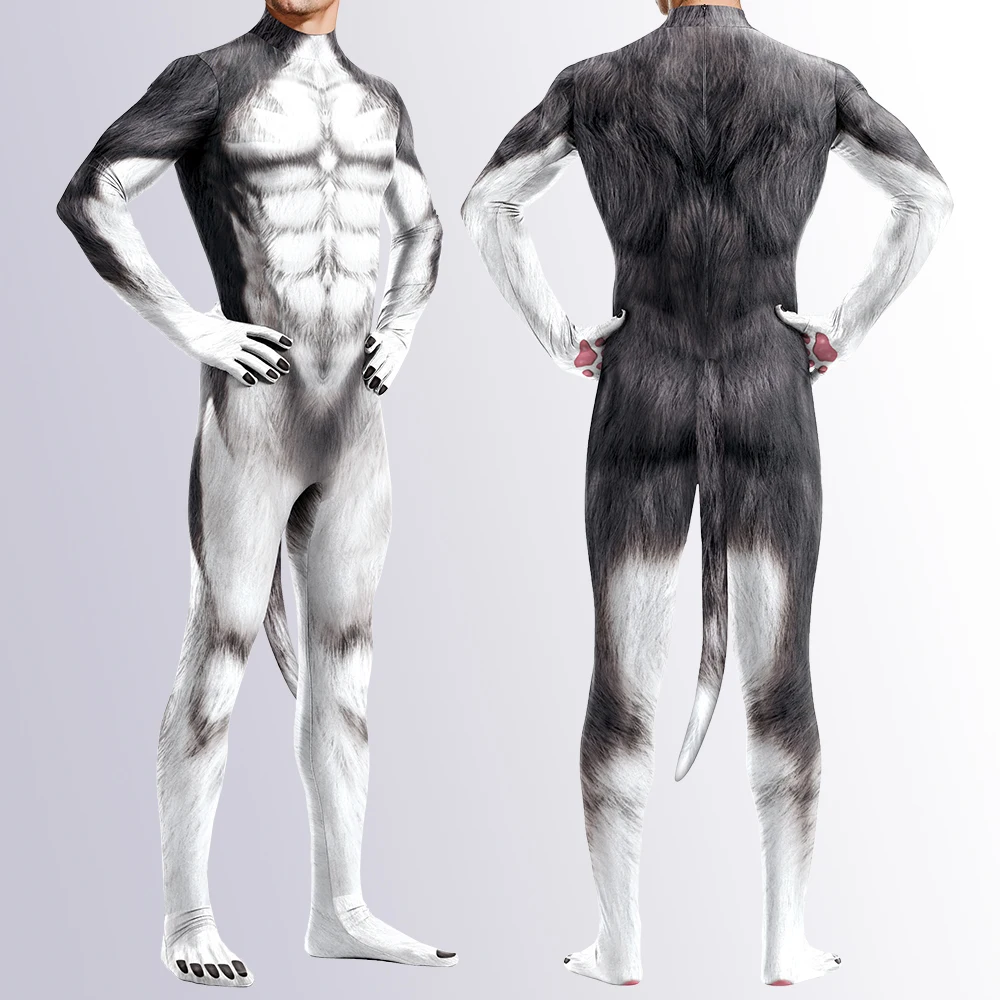Zawaland Cosplay Animal 3D Print Petsuit Tail Furry Costume Crotch Zipper Jumpsuit Men Zentai Bodysuit Halloween Clothing