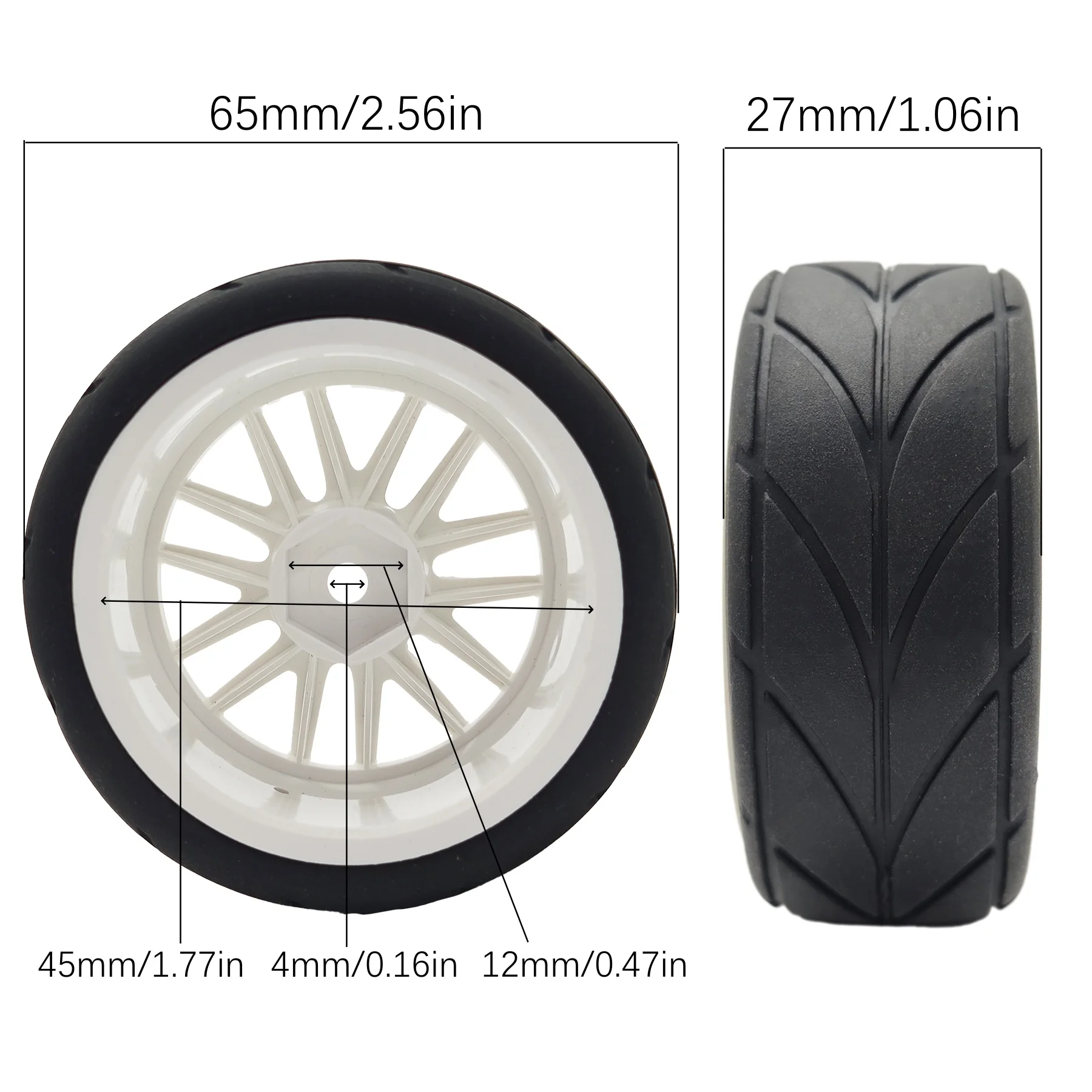 Détail du pneu RC 1/10 65mm sur route montrant la bande de roulement lisse et le moyeu 12mm hex