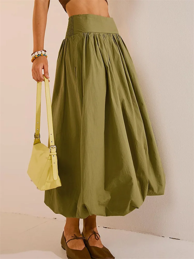 CHRONSTYLE Women Long Maxi Skirts Casual Loose Fit Elastic Waist Solid Color Ruched Pleated Skirts for Summer Spring Streetwear - view