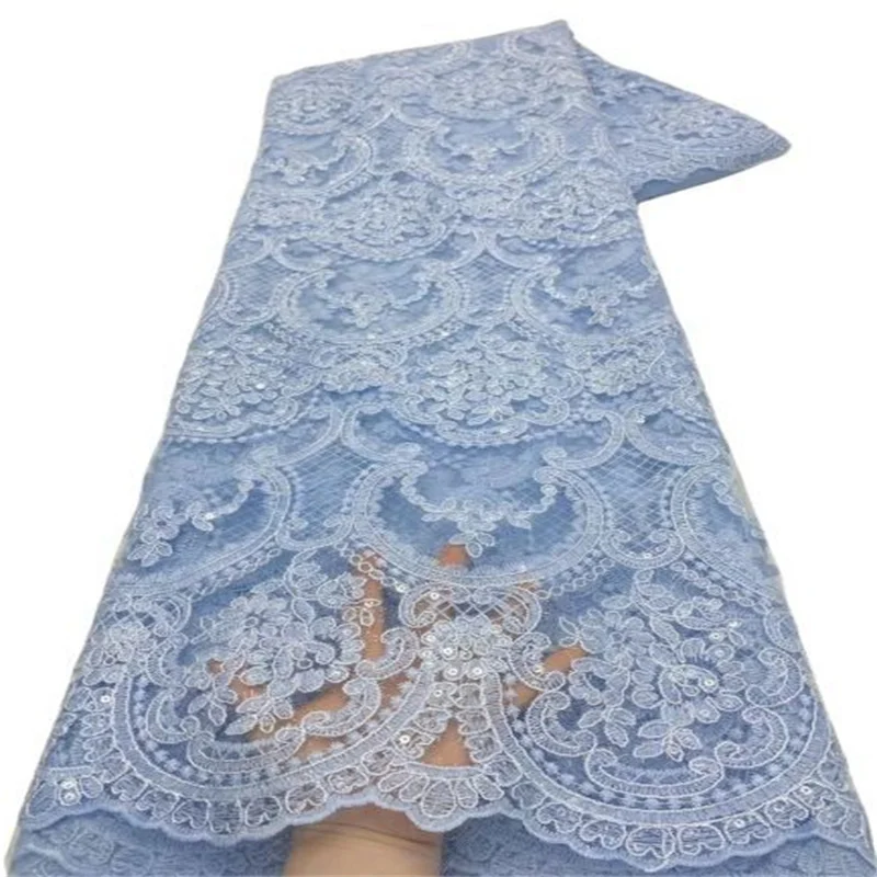 

Sky blue African Lace Fabric 2022 Pink High Quality Sequins Lace French Nigerian Net Lace Tulle Mesh Fabrics For Wedding Sewing