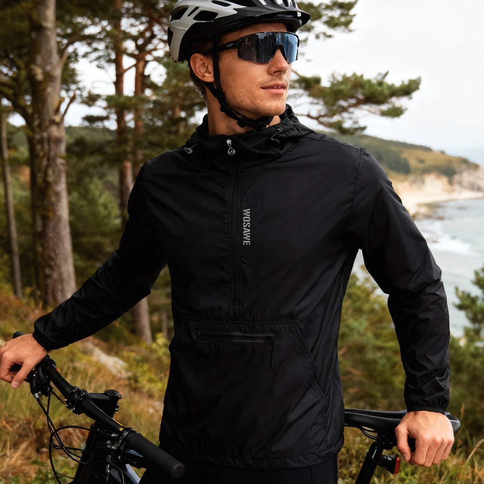 WOSAWE 자전거 코트 남성용 긴팔 방풍 MTB 로드 라이딩 의류 자외선 차단 속건 경량 사이클링 윈드브레이커