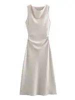 XNWMNZ 2024 Women's Fashion Satin Midi Dress Women High Street O Neck twisted armholes Waist Gathered Fit female Midi Dresses - Image 4