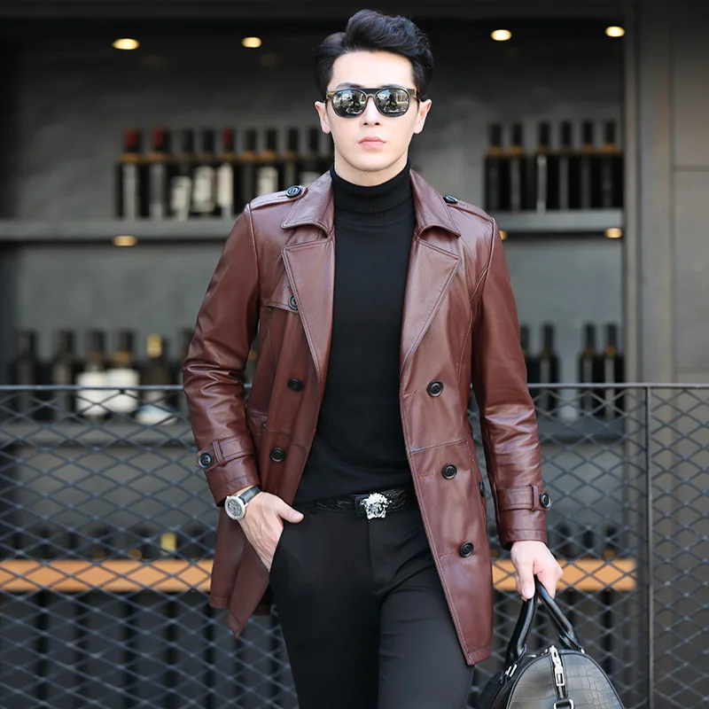 Men's Genuine Leather Coat Cowskin Trench Dust Coat Lapels Jacket