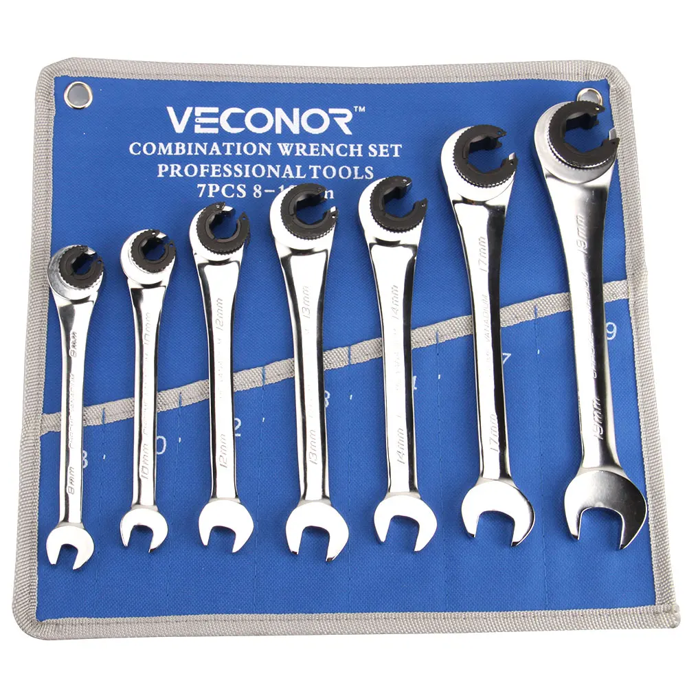 7Pcs 래칫 플레어 너트 렌치 스패너 Multitools 세트 미러 광택 오일 파이프 렌치
