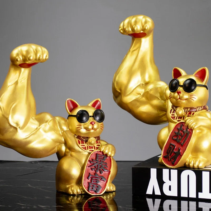 

Abstract Big Arm Muscle Golden Cat Decor Statuette for Shop Living Room Lucky Cat Cartoon Animal Sculpture Vigorous Cat Statue
