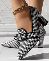 Pumps Women Houndstooth Bowknot Decor Chunky Shoes Point Toe Low Heel Wear Houndstooth Bowknot Decor Chunky Pumps 1