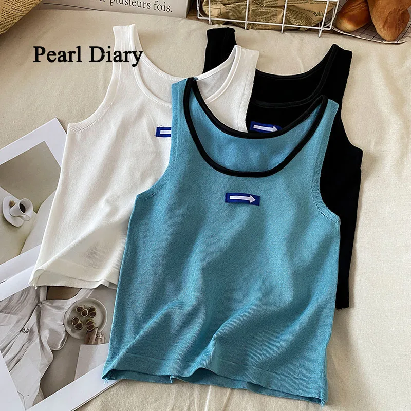 

Pearl Diary Retro Fashion Short Vest Simple Small Labeling Round Collar Top Women Summer New Style All-Match Knitting Top