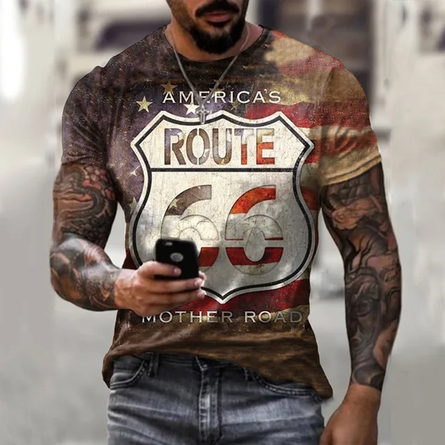 2022 Summer New Men's Retro T-Shirts US Route 66 Letter Print Short Sleeve Oversized Loose Clothes Crew Neck Top Streetwear 6xl S2083