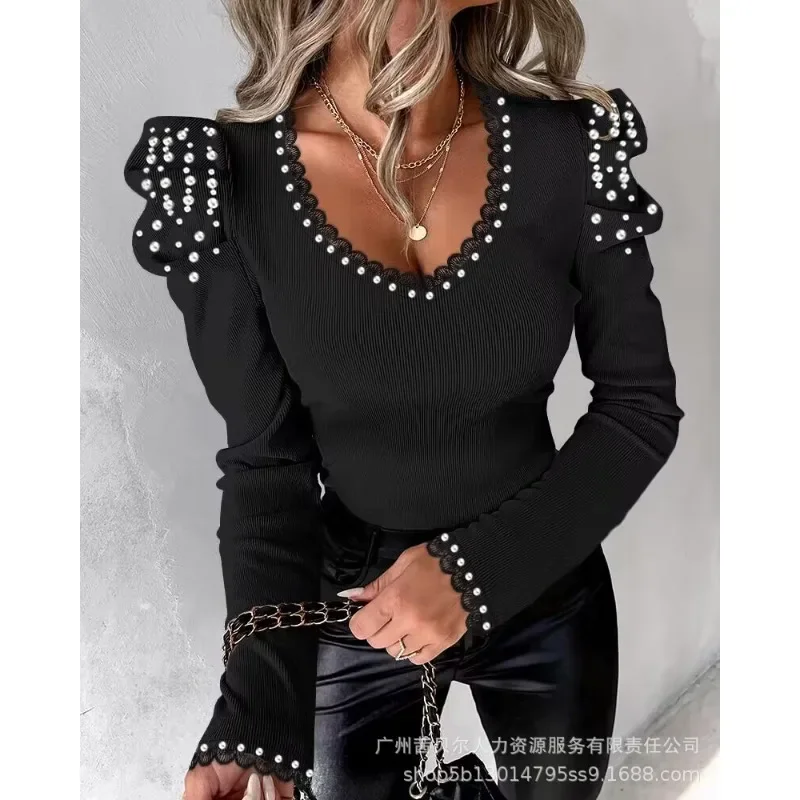

Женские рубашки с бусинами, Топ с длинным рукавом с V-образным вырезом и буффами, однотонные облегающие топы-футляры, футболки