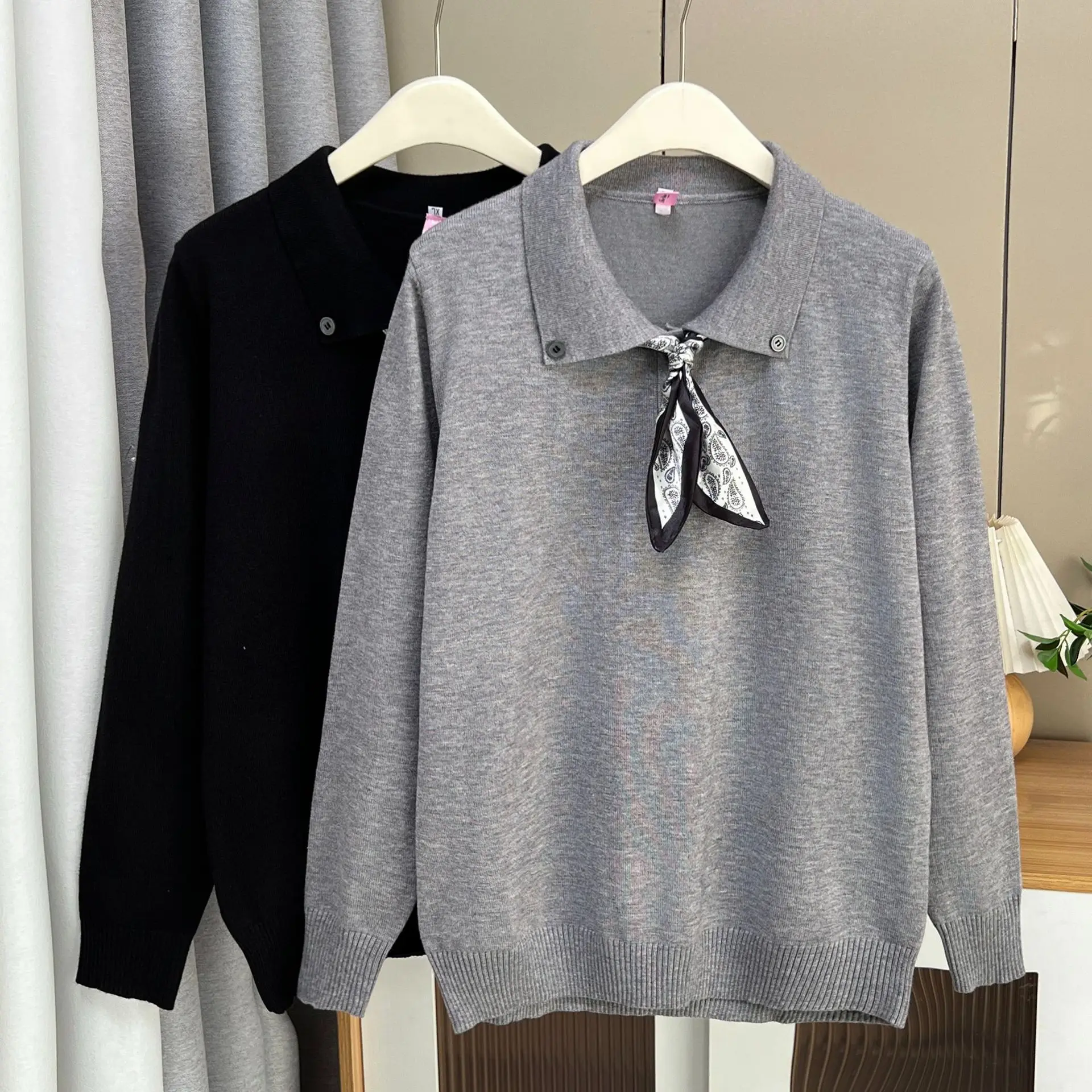 XXXXL Fashion Plus Size Women's Sweater New Stylish Peter Pan Collar With Bow Tie Knitted Jumpers For 2025 Autumn Casual