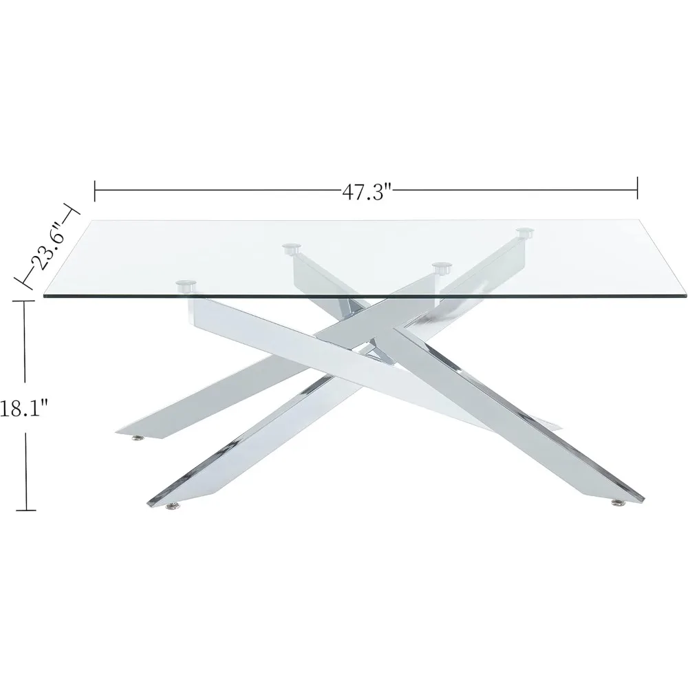 Rectangle Modern Coffee Table, Tempered Glass Top and Metal Tubular Leg, 47.3”Lx23.6”Wx18.1”H,  glass coffee table 2