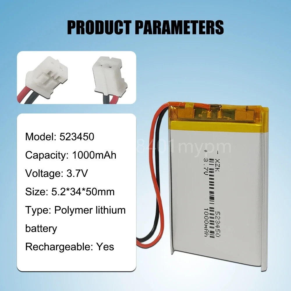 523450 3.7V 1000mAh Polymer Lithium Rechargeable Battery jst PH 2.0mm 2pin plug Suitable for game controller