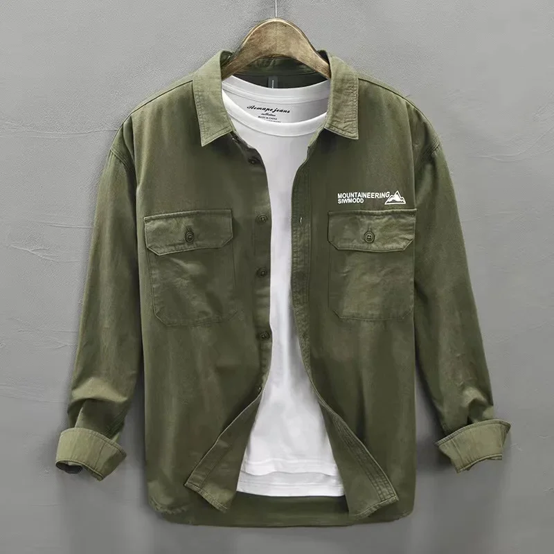 

2023 Spring Heavy Cotton Men's Twill Woven Vintage Cargo Long Sleeve Jacket Work Style Casual Versatile Youth Shirt Coats