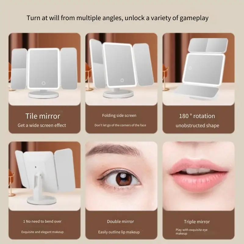 Makeup Mirror Trifold Makeup Mirror LED Lights Dorm Dressing Mirror Beauty Light up Fill light with Smart Complementary Makeup Tri makeup mirror