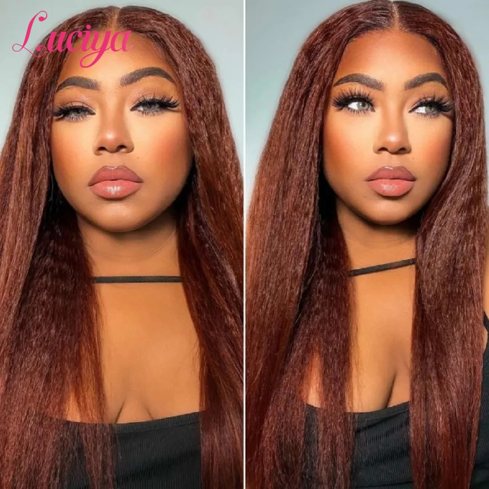 Reddish Brown Kinky Straight Lace Front Wig Human Hair HD Lace Front Human Hair Wig Pre Plucked Yaki Copper Red Lace Frontal Wig