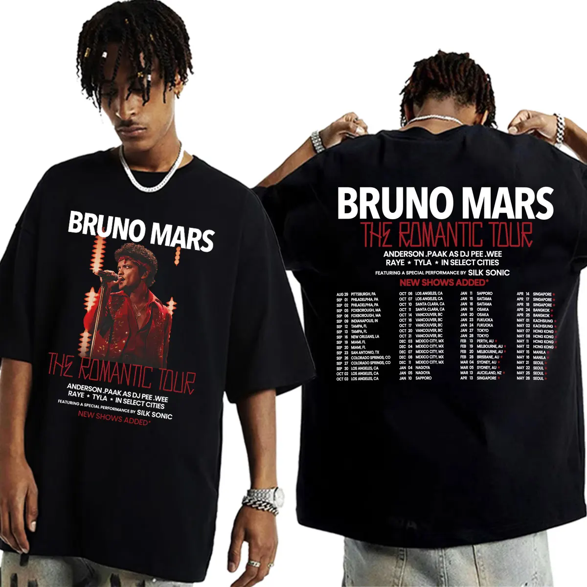 Sänger Bruno Mars The Romantic Tour 2026 Merch T-Shirt für Männer und Frauen, Modisches Retro-Kurzarm-T-Shirt, 100% Baumwolle, Oversized T-Shirt