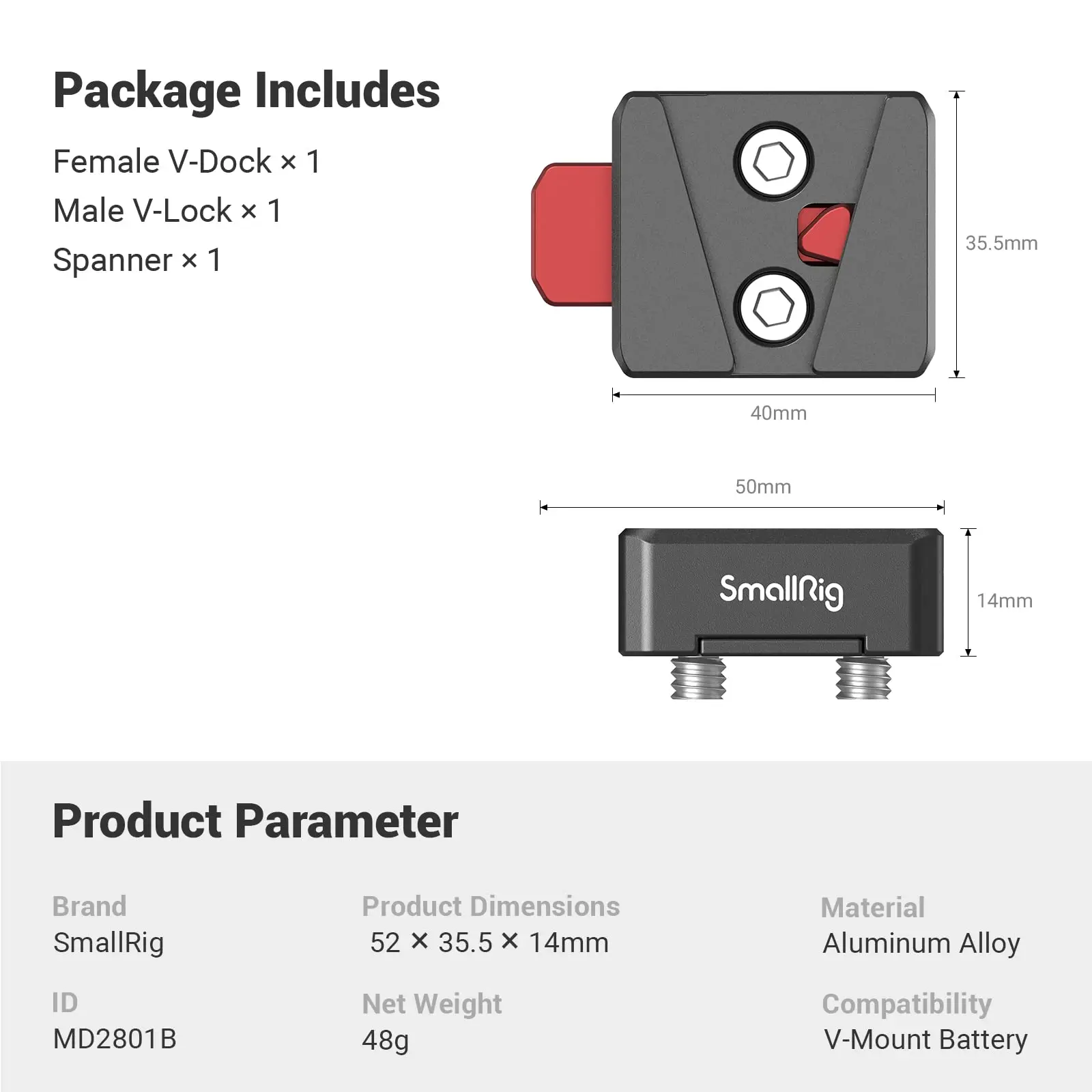 SmallRig 미니 V-Lock 조립 키트, V 마운트 배터리 플레이트, 1/4-20 나사산 구멍이 있는 퀵 릴리스 세트?- MD2801B