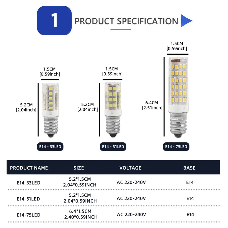 미니 LED 옥수수 전구 샹들리에 스포트라이트 냉장고, E14 LED 램프 33LED 51LED 75LED AC220V-240V SMD 2835, 1 개, 5 개, 10 개
