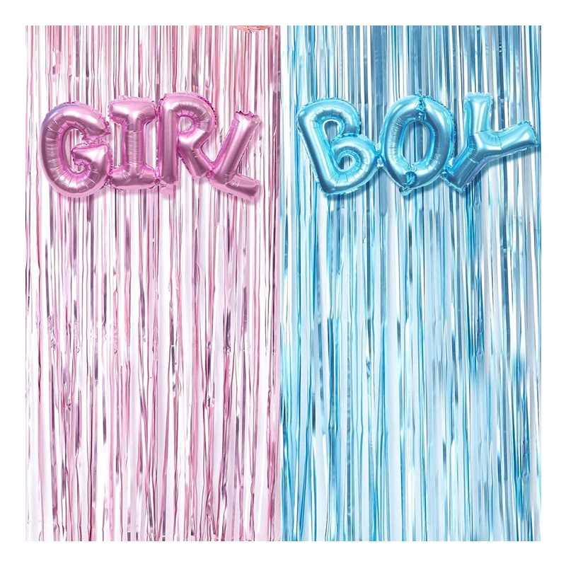 

Gender Reveal Decoration Set Metallic Fringe Curtains Boy Girl Foil Balloons Baby Shower Party Photo Backdrop