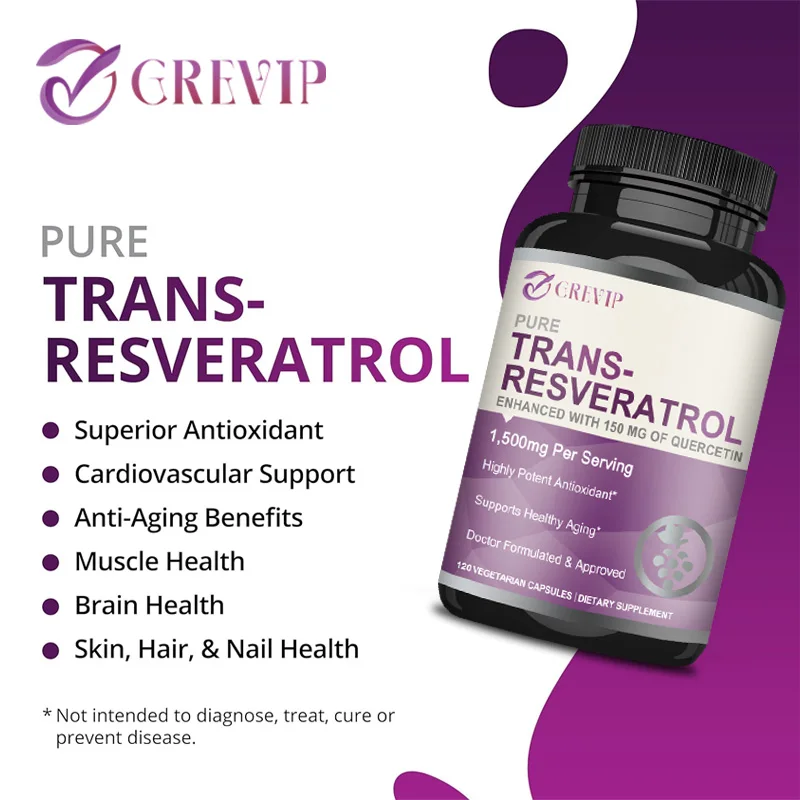 Trans-Resveratrol Capsules 1500mg Supports Brain Function Heart Skin Health Anti-aging Antioxidant anti aging cell booster