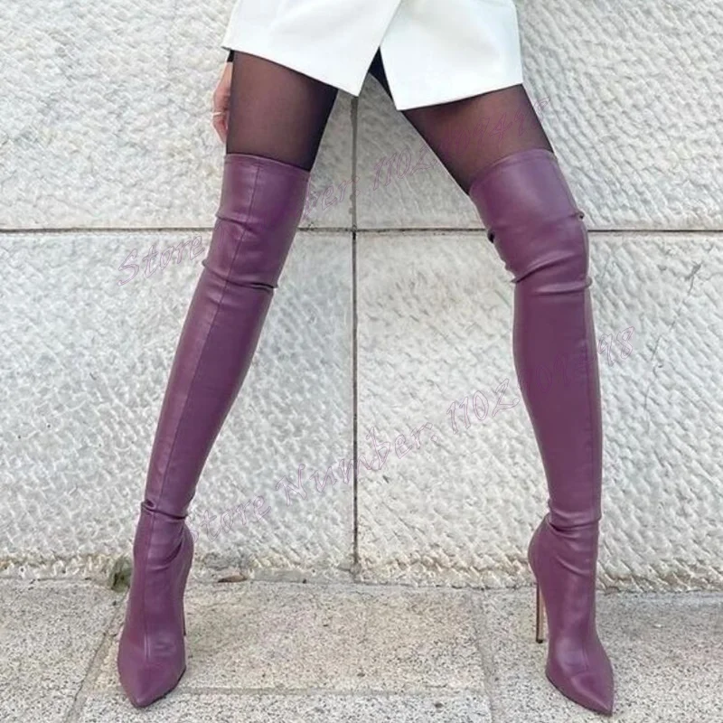 

Purple Elastic Over The Knee Boots Pointed Toe Shoes for Women Matte Leather Thin High Heels Sexy Shoes 2024 Zapatos Para Mujere