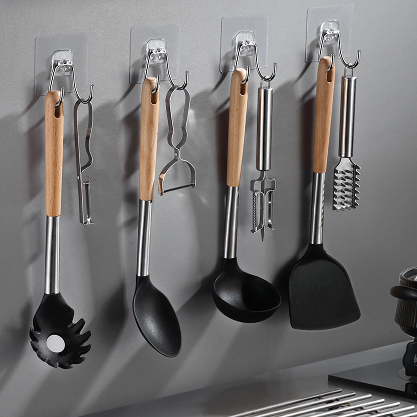 Kitchen Storage Hook Stainless Steel Adhesive Free Hook For Kitchenware Cloth Mop Organizer Strong Storage Double Head Hooks
