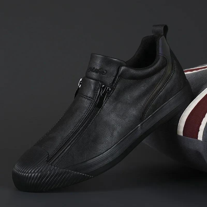 2024 New Autumn Men's Trendy Sports Shoes Leather Soft Sole High Top Men's Shoes One Step Zipper Leather Shoes Size 38-44 2