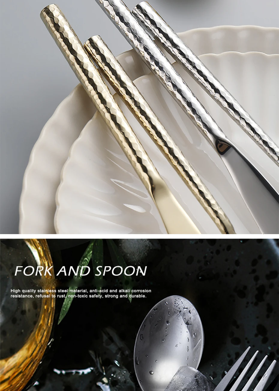 Description Picture 6 of itemKitchen Tableware Cutlery Set Silver Hammered Stainless Steel Luxury Dinnerware Fork Spoon Knife Western Dinner Set Gold