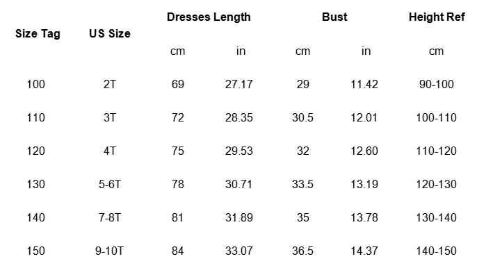 Encanto Dolores Madrigal Dress For Kids size chart