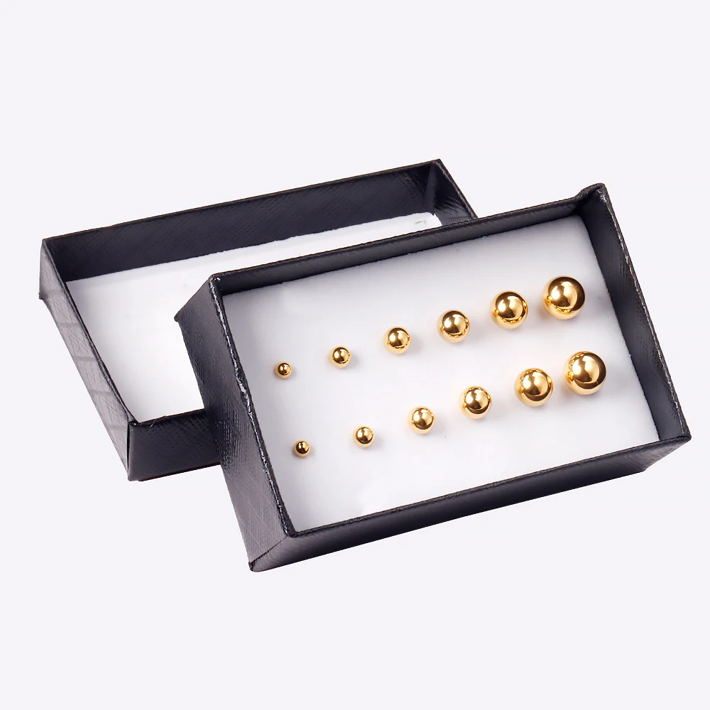 6 Pairs/Box Fashion Ball Earrings Set Mixed Size 316L Stainless Steel