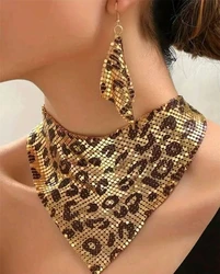 Leopard Print Jewelry Set: Chic Bib Necklace & Dangle Earrings with Vintage Charm - 55cm (Gold - color)