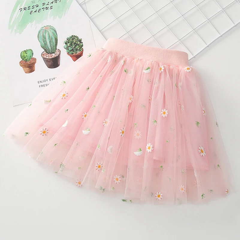 Girls Summer New Fashion Print Solid Color Chrysanthemum Embroidered Princess Half skirt