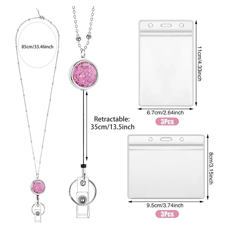 3팩 여성용 ID 배지 끈 세트, 여성용 ID 배지 홀더 6개 포함, 크루즈 끈, 스테인리스 스틸 글리터