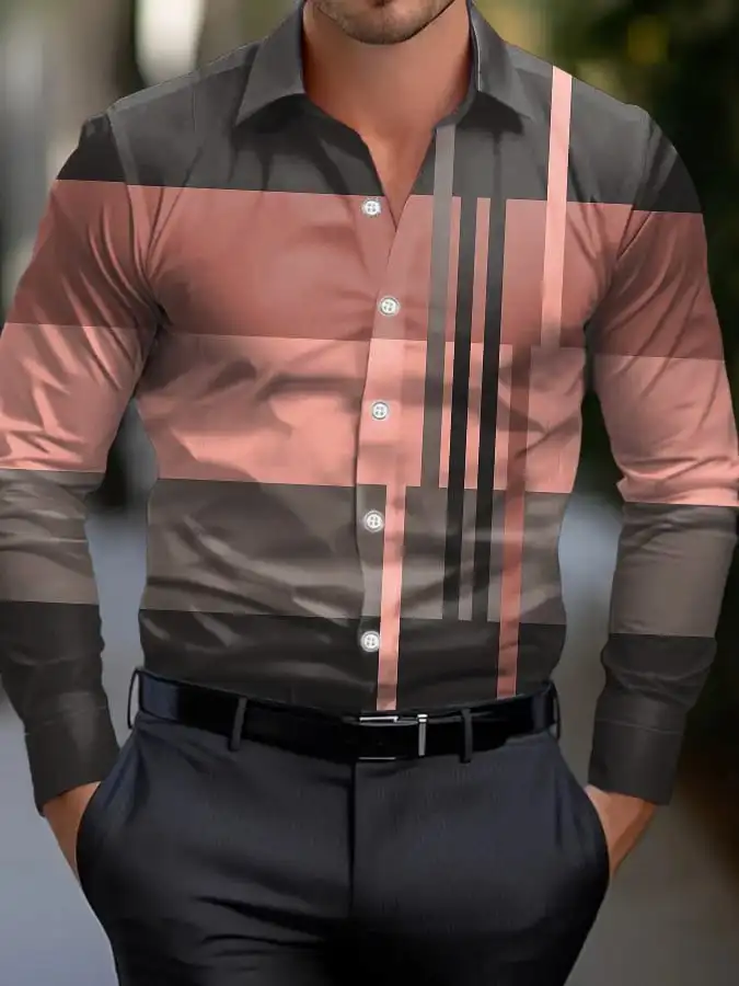 Men's shirt regular lapel shirt men's 3d printed plaid simple striped print casual street long sleeve fashion print shirt 4