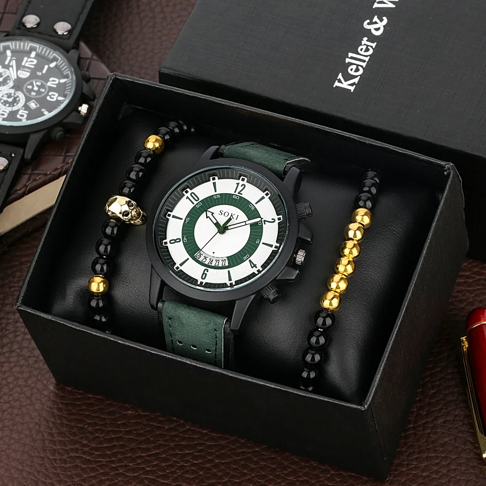 Meaningful Father's Day Gifts Watch Bracelet Gift Set Quartz Green Leather Strap Watch Cool Skull Bead Bracelet Present for Dad pu leather cowgirl cowboy rhinestone strass stud pung belts luxury silver bead chain bling ceinture crystal strap waistband