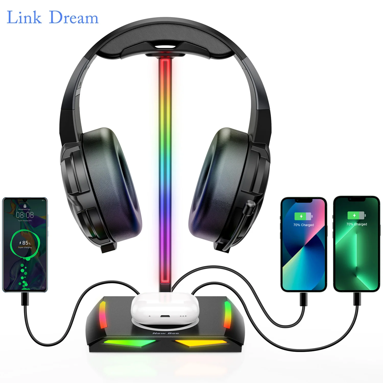 

Link Dream Z12 RGB Headphones Stand with Wireless Charger Base Desk Gaming Headset Holder Non-Slip Rubber Earphone Accessories